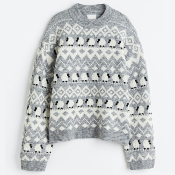 H&M gray and white cute sheep touch of wool jacquard knit sweater NWT - Picture 1 of 8